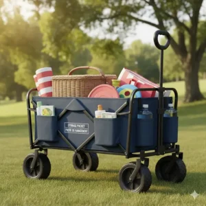 Detailed view of a folding wagon for beach and park (chariot pliable pour plage et parc) highlighting ample storage pockets.