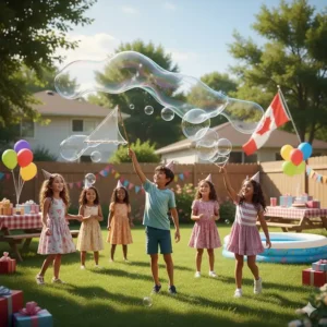A suburban Canadian backyard birthday party featuring giant bubble wands for kids as the main activity.