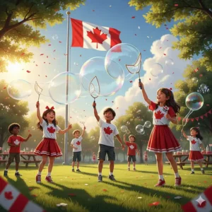 Children celebrating July 1st with red and white outfits and giant bubble wands for kids under a Canadian flag.
