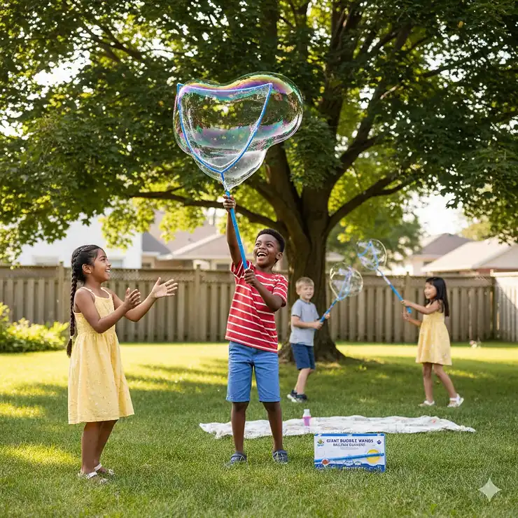 A group of Canadian children playing with giant bubble wands for kids in a lush green park during a sunny summer afternoon.