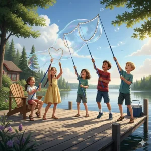 Kids using giant bubble wands on a wooden dock by a Canadian lake, reflecting classic Muskoka or Laurentian summer vibes.