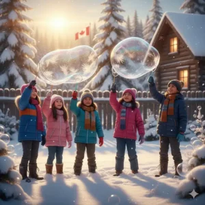 Canadian kids using giant bubble wands in the snow to create frozen bubbles, showcasing year-round outdoor play.