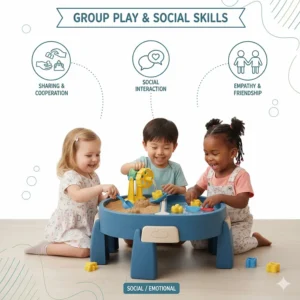 Children practicing sharing and collaborative play around a large sand and water activity center.