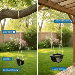 Diagram showing how to safely install a baby outdoor swing to a sturdy branch or porch beam using heavy-duty carabiners.