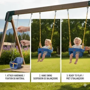 Step-by-step illustration showing how to attach a bucket baby swing to a standard wooden swing set frame using galvanized hardware.
