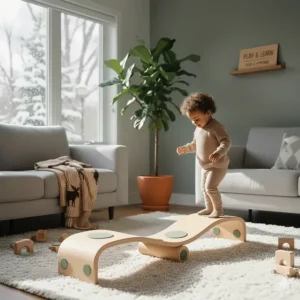 A toddler staying active during Canadian winter using a modular balance beam for indoor play.
