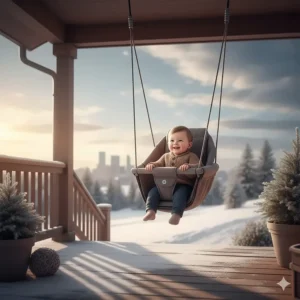 A versatile baby swing being used on a covered porch in Calgary, designed to withstand Canadian temperature fluctuations.