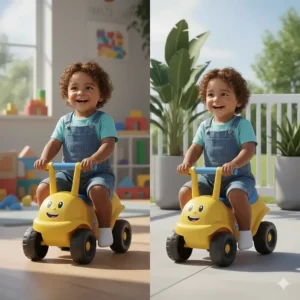 A versatile ride-on toy suitable for both indoor play and outdoor Canadian patio surfaces during summer.