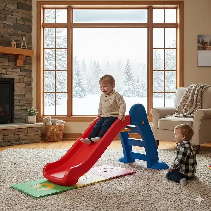 A durable indoor outdoor slide for toddlers being used in a spacious Canadian living room with a snowy backyard visible through the window.