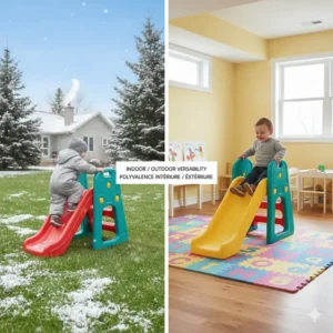 Split-screen illustration showing a small climber used in a snowy Ontario backyard and a cozy indoor basement.