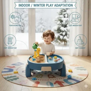 Illustration of an indoor sand and water table setup for year-round sensory play during Canadian winter months.