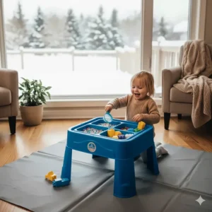 A compact water play table for 2 year olds adapted for indoor winter use on a waterproof mat in a Canadian home.