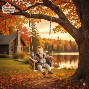 A portable baby outdoor swing hanging from a sturdy maple tree at a lakeside cottage in Muskoka, Ontario.