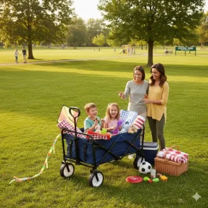 A versatile wagon for beach and park carrying picnic gear and outdoor toys, designed for Canadian family outings.