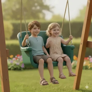 The final stage of a 3-in-1 baby swing outdoor used as a comfortable bench seat for older children.