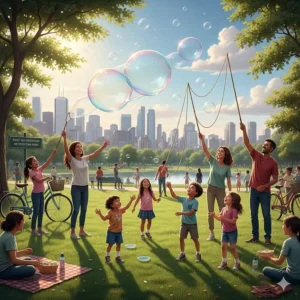An illustration of families using giant bubble wands for kids in an urban Canadian park with a city skyline in the background.