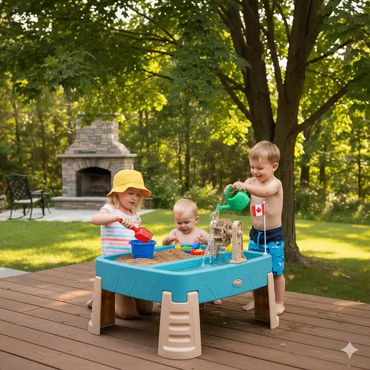 Canadian children playing with a dual-basin sand and water table on a backyard patio during summer.