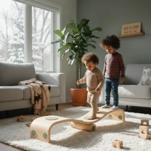 A durable balance beam for 2 year old that grows with the child through different developmental stages.