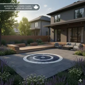 An architectural illustration of a modern Canadian patio integrated with a sleek, permanent backyard splash pad.