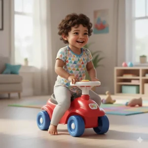 A 1-year-old practicing balance and leg strength on a foot-to-floor ride-on toy to help reach developmental milestones.