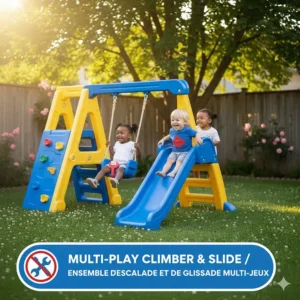 A multi-play backyard set featuring a slide, swing, and basketball hoop for active 2 year olds.