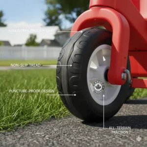 Close-up of non-slip, puncture-proof wheels designed for Canadian pavements and grass.