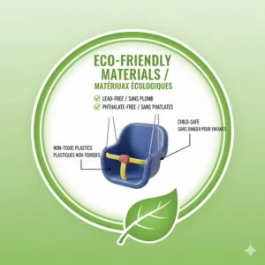 Eco-friendly certification illustration for a bucket baby swing made with lead-free and phthalate-free plastics for child safety.