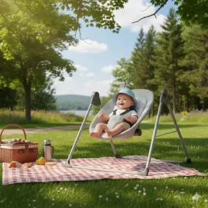 A compact portable baby swing placed on a picnic blanket at a provincial park in Ontario.