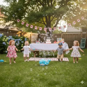 A colourful bubble machine for toddlers outdoor at a backyard birthday party with Canadian flag bunting.