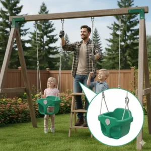 Illustration showing how to easily install a 3-in-1 baby swing outdoor to a wooden playset or sturdy tree branch.