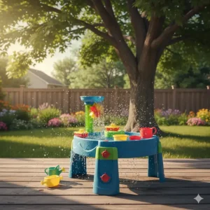 A colourful water play table for 2 year olds set up on a wooden deck next to a Canadian maple tree.