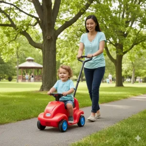 Illustration of a ride-on toy featuring a removable parent push handle for guided play in a Canadian park.