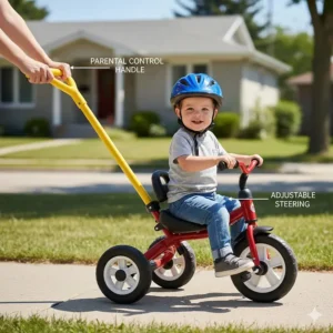 Diagram of an adjustable parental steering handle on a toddler tricycle for outdoor safety.