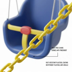 Close-up illustration of yellow plastisol-coated chains on a bucket baby swing to prevent finger pinching and rust.