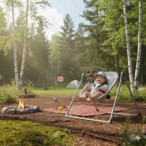 A battery-operated baby swing used at a Canadian campsite with a forest background.
