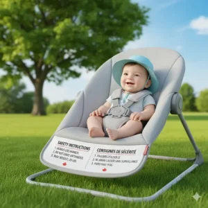 Illustration showing safety features of a portable swing with English and French instruction labels.