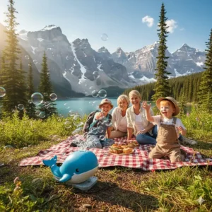 A portable, battery-operated bubble machine for toddlers outdoor use during a family picnic in the Rockies.