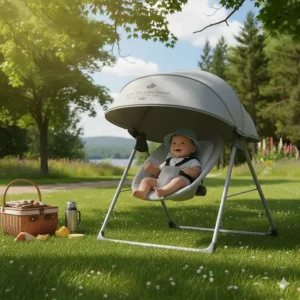 A portable outdoor baby swing with a UV-protection canopy (balançoire pour bébé extérieure) for sun safety.