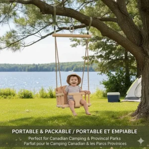 Illustration of a lightweight baby swing for a tree being used at a Canadian lakeside campsite or provincial park.