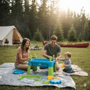 Easy-to-assemble water play table for 2 year olds with lightweight legs, perfect for Canadian family camping trips or park visits.