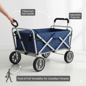 Diagram showing the telescopic pull handle and the adjustable push bar of a versatile wagon for Canadian parents.