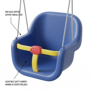 Technical illustration of a bucket baby swing highlighting the high-back support and adjustable safety T-strap for infant security.