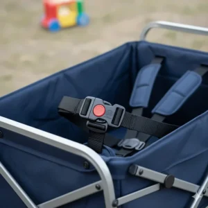 Close-up illustration of a 5-point safety harness on a toddler wagon, meeting Canadian consumer safety standards.