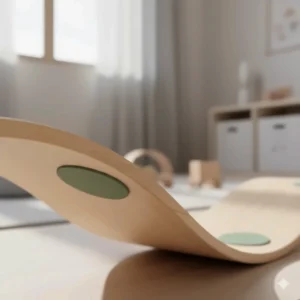 Close-up of the non-slip safety base and smooth rounded edges of a balance beam for 2 year olds.