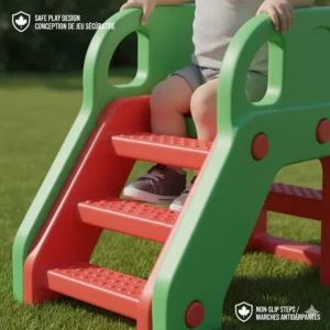 Close-up illustration of rounded edges and non-slip steps on a small outdoor climber for toddlers.