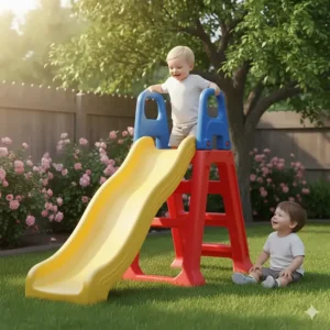 Close-up illustration of a safe outdoor slide for 2 year olds showing high side rails and sturdy non-slip steps.