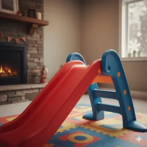 Close-up illustration of the sturdy handrails and non-slip steps on an indoor outdoor slide for toddlers.