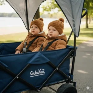 Interior view of a toddler wagon featuring secure 5-point safety harnesses and comfortable seating for two kids.
