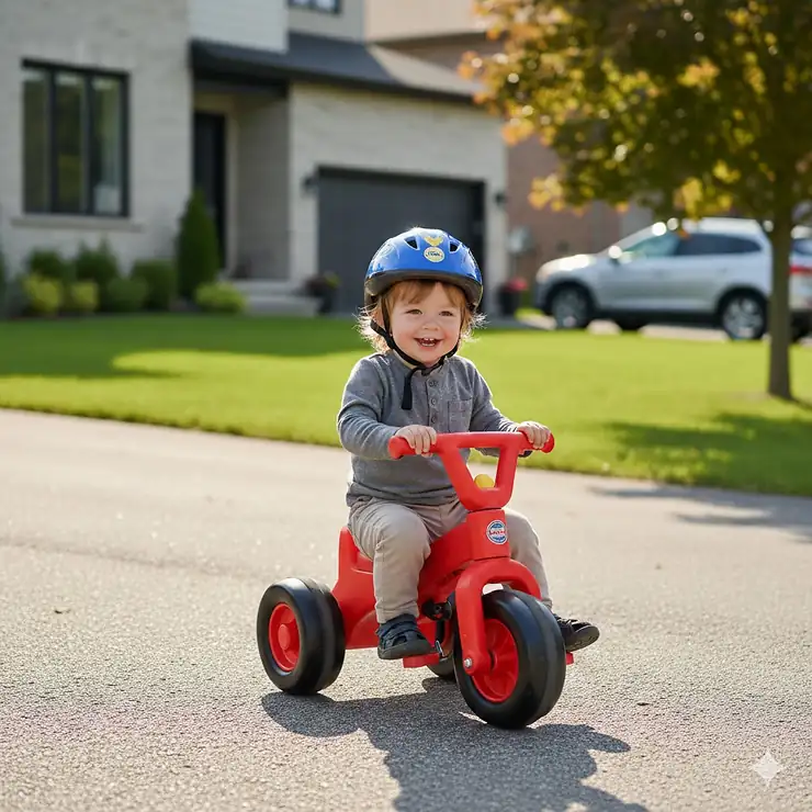 Toddler wearing a safety helmet riding a sturdy four-wheel cruiser on a Canadian suburban driveway.