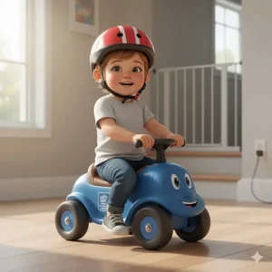 Illustration showing a 1-year-old wearing a small helmet on a stable four-wheel ride-on toy, emphasizing Canadian safety standards.